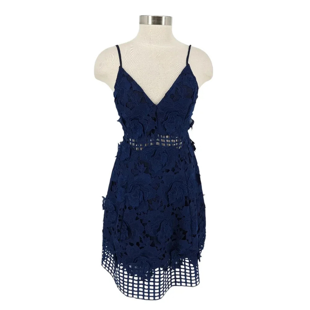 Lovers & Friends Bellini Fit Flare Dress Navy Blue Floral Lace Sleeveless A Line